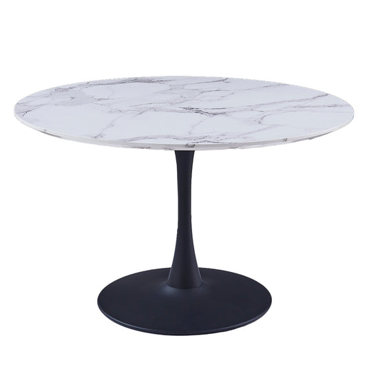 Zilo Round Pedestal Dining Table, 48" in White Faux Marble and Black