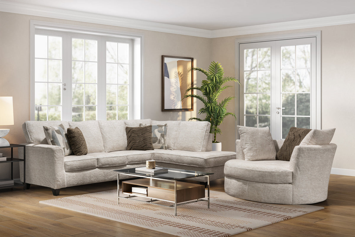 6617 two piece fabric sectional in Swanton Coconut beige with right side chaise and accent pillows in a styled living room