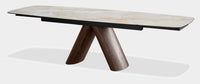 Milano Dining Table in Crema — extendable ceramic-top dining table with walnut veneer base