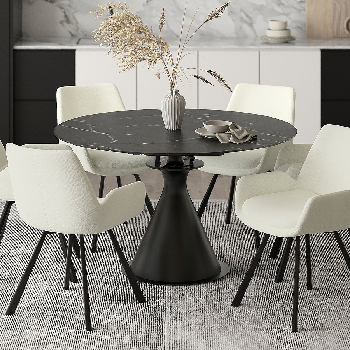 Calisto Round Dining Table with Extension, 51" – Black and Black – 2