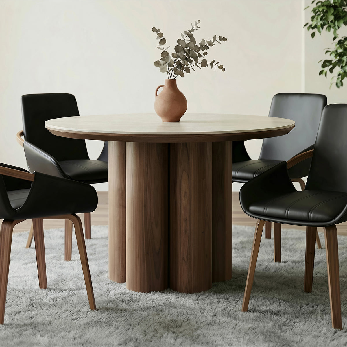 Seaton Round Dining Table, 47" in Walnut and Travertine