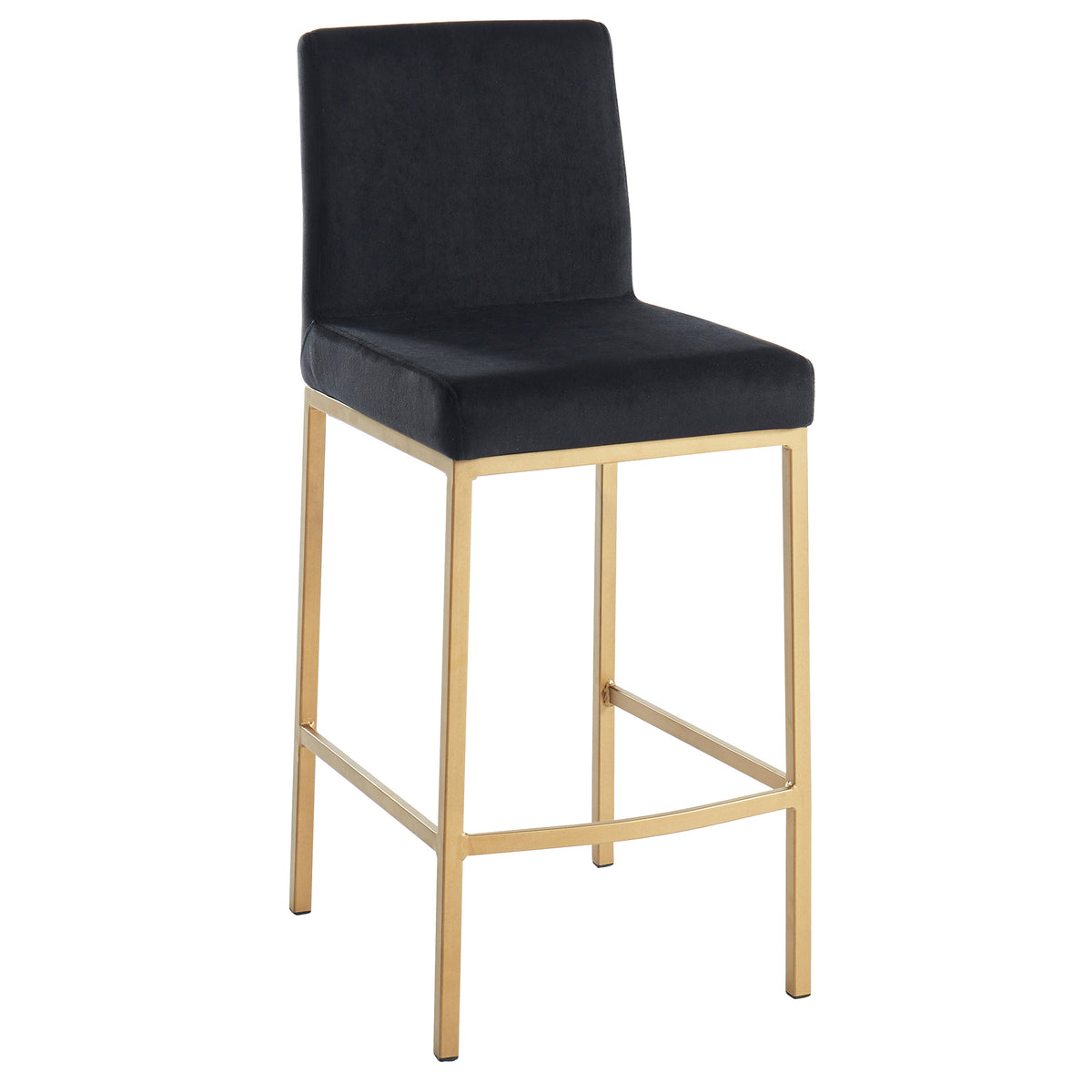 Diego 26-inch counter stool in black velvet with aged gold metal legs, front view