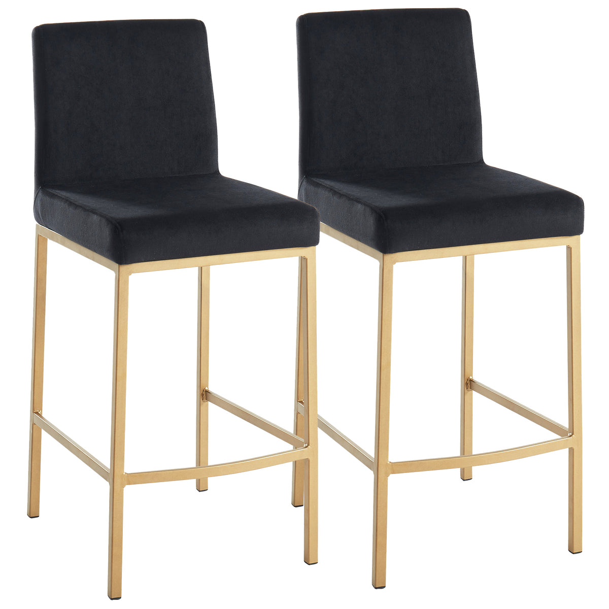 Pair of Diego 26-inch counter stools in black velvet with aged gold metal legs, front view