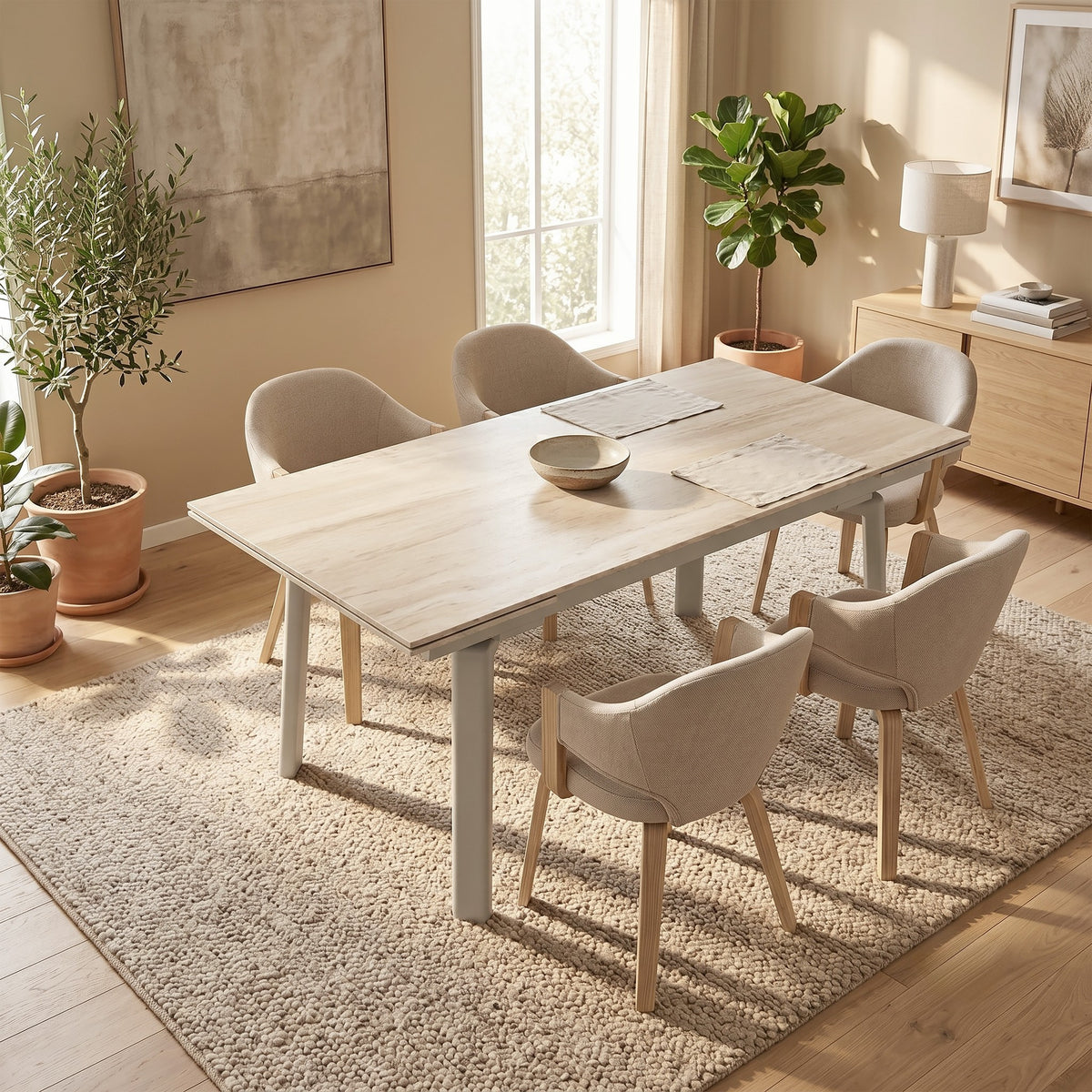 Bellaro and Freya 5pc Dining Set in Travertine/Toffee-Natural