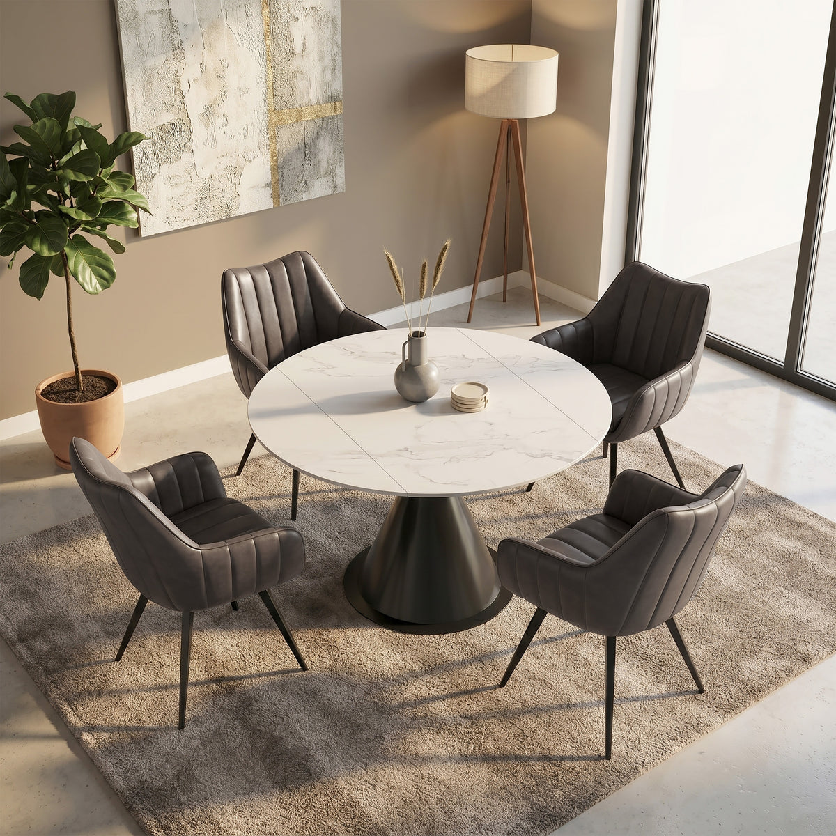 Calisto and Talon 5pc Dining Set in White Table with Charcoal Chairs, white Calisto table with four charcoal Talon chairs