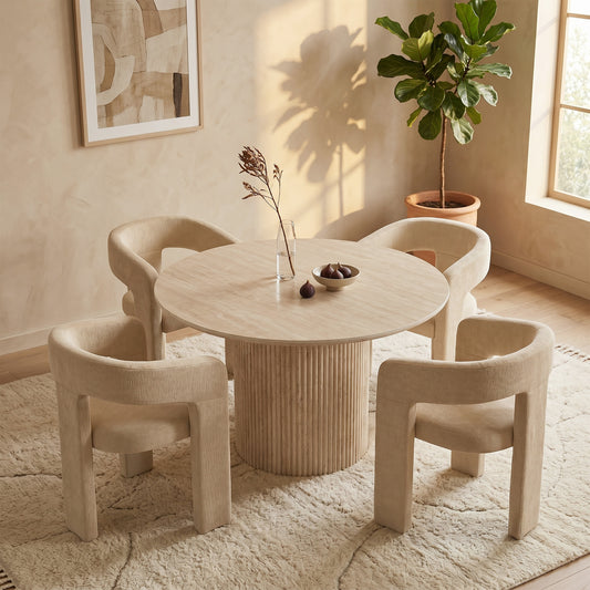 Thalia and Amara 5pc Dining Set - Ivory and Travertine Table and Beige Chairs