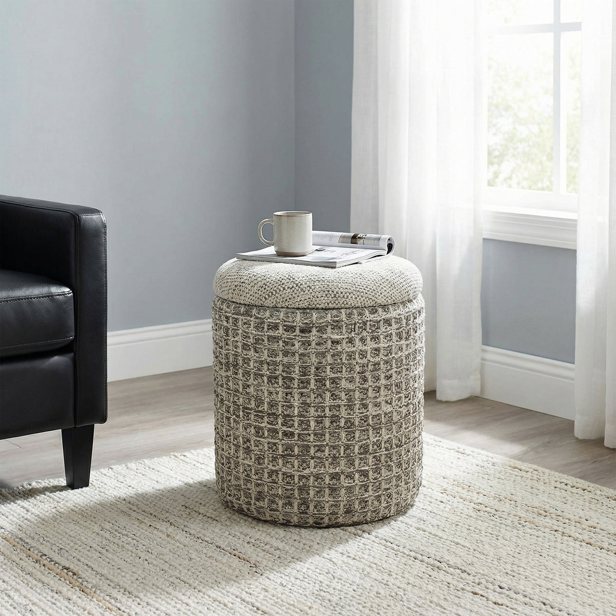 Indigo Round Storage Ottoman – Beige Charcoal – 2