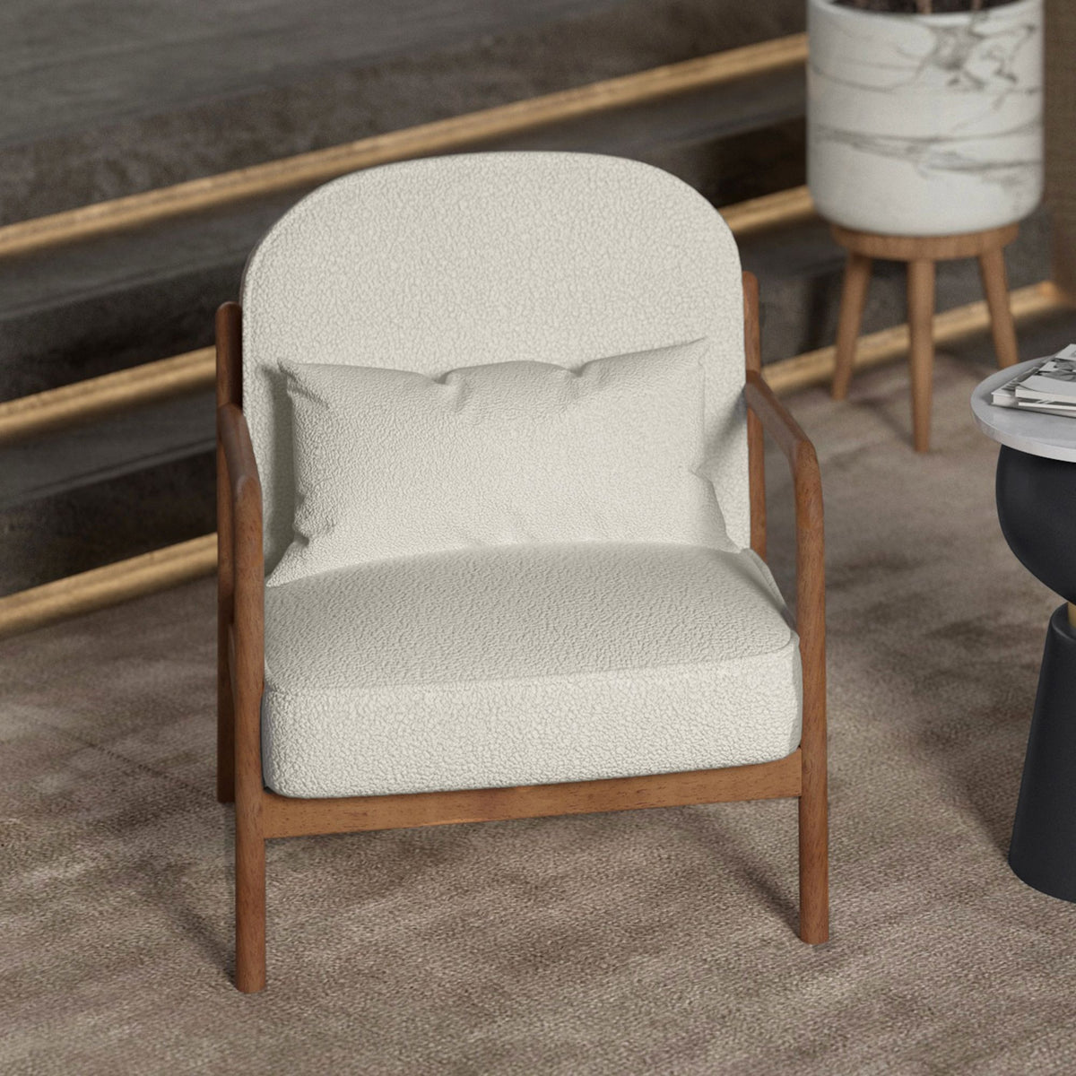 Fani Accent Chair, Fabric in White and Walnut