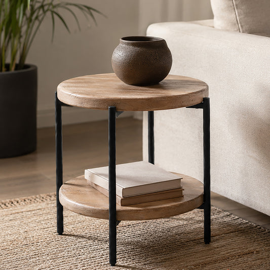 Johar Round Accent Table in Natural and Black