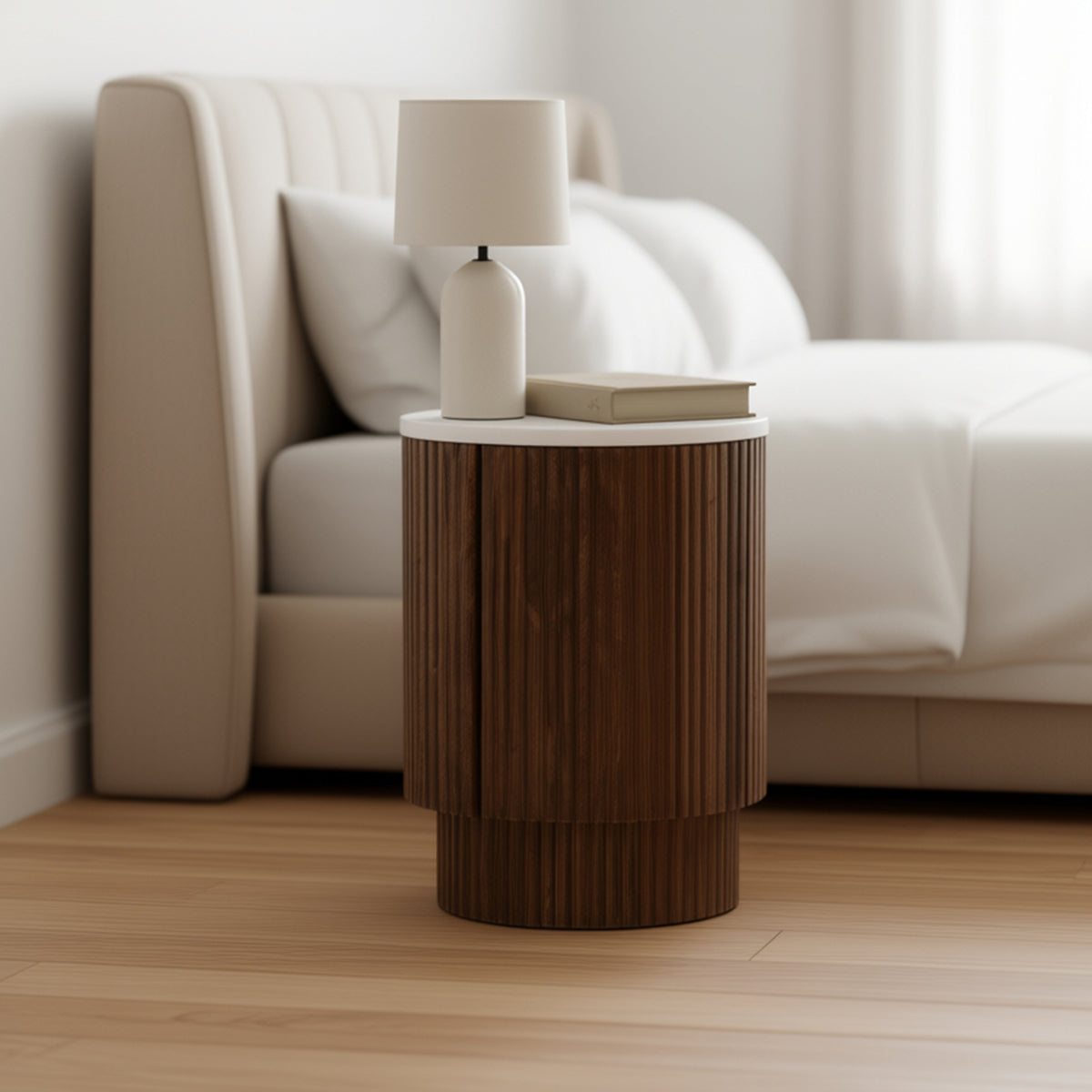 Reyna Round Accent Table with Storage – Walnut and White – 2