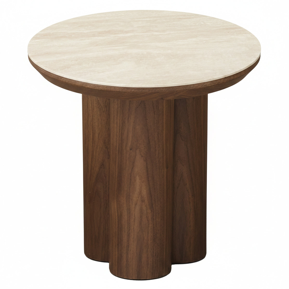 Seaton Round Accent Table in Walnut and Travertine