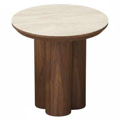 Seaton Round Accent Table in Walnut and Travertine