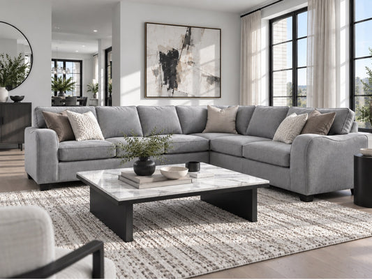 6090 Collection Modani Linen Sectional in grey linen, staged living room