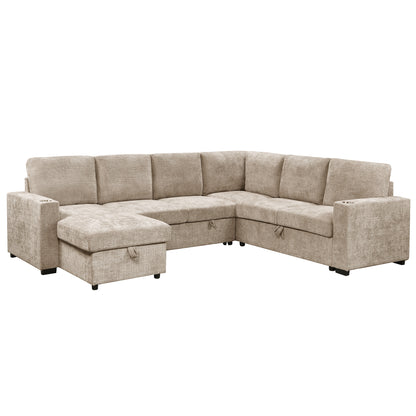 Lennox Right Sectional with Chaise & Bed & Storage in Beige