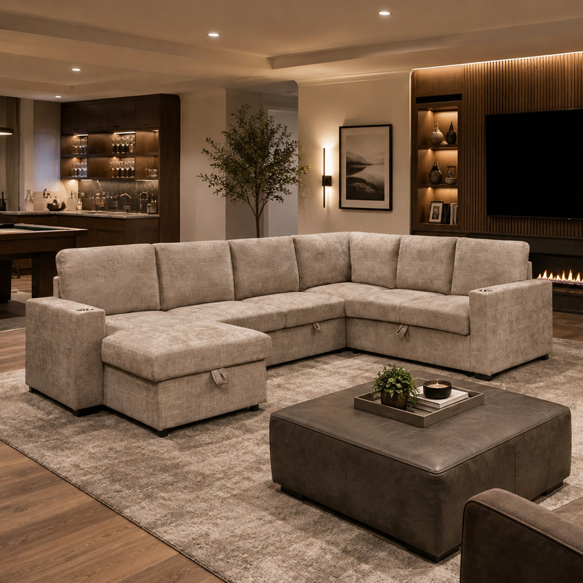 Lennox Right Sectional with Chaise & Bed & Storage in Beige