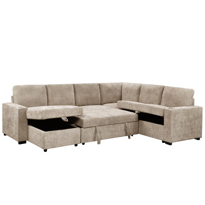 Lennox Right Sectional with Chaise & Bed & Storage in Beige