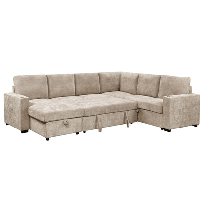 Lennox Right Sectional with Chaise & Bed & Storage in Beige