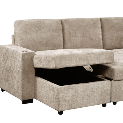 Lennox Right Sectional with Chaise & Bed & Storage in Beige