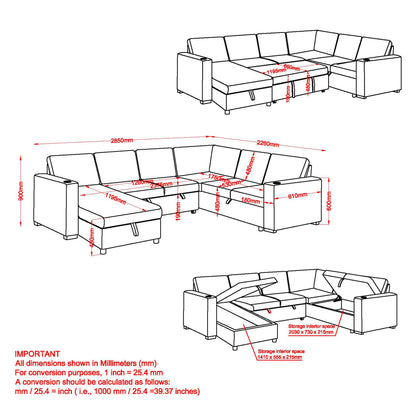 Lennox Right Sectional with Chaise & Bed & Storage in Beige