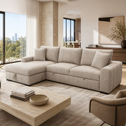 Gareth Sofa with Left Chaise & Bed & Storage in Taupe