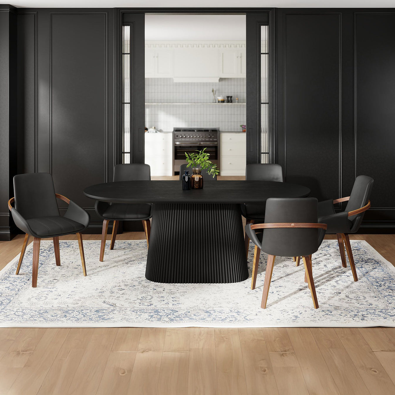 Tovas and Caspian 7pc Dining Set - Black Table and Dark Walnut Chairs