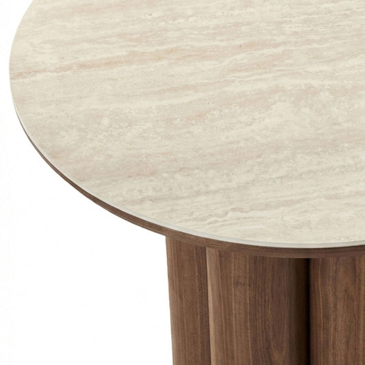Seaton and Amara 5pc Dining Set - Walnut and Travertine Table and Beige Chairs