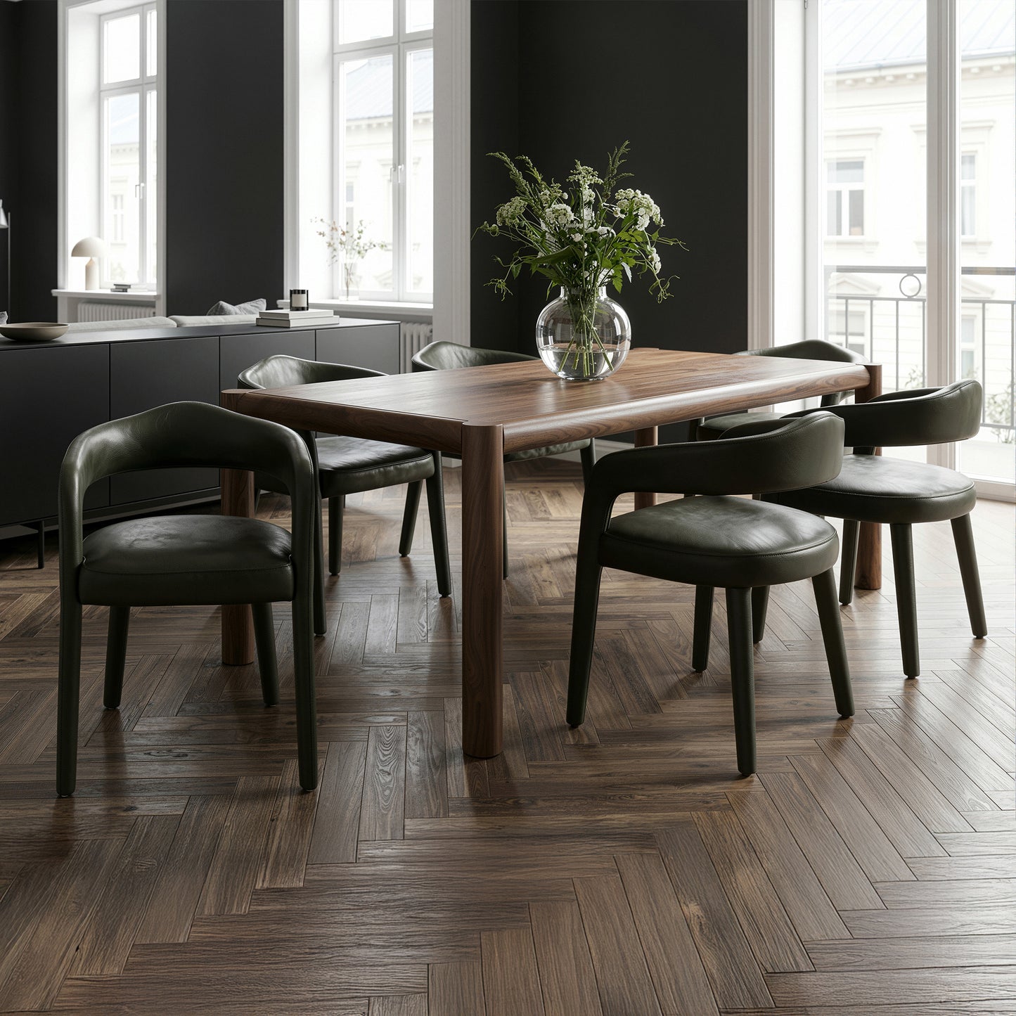Advik And Caden 7pc Dining Set - Walnut Table And Moss Chairs