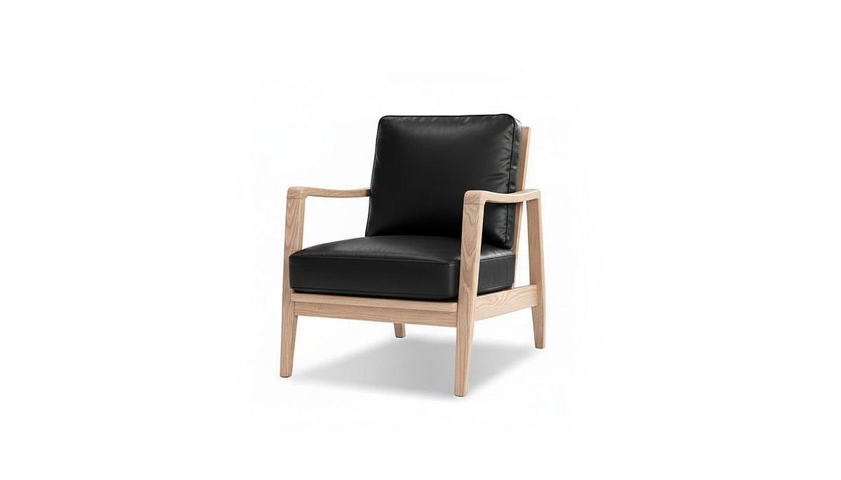 Craftsman Occasional Chair in Black Leather and Natural Oak Frame – front three-quarter view on white background