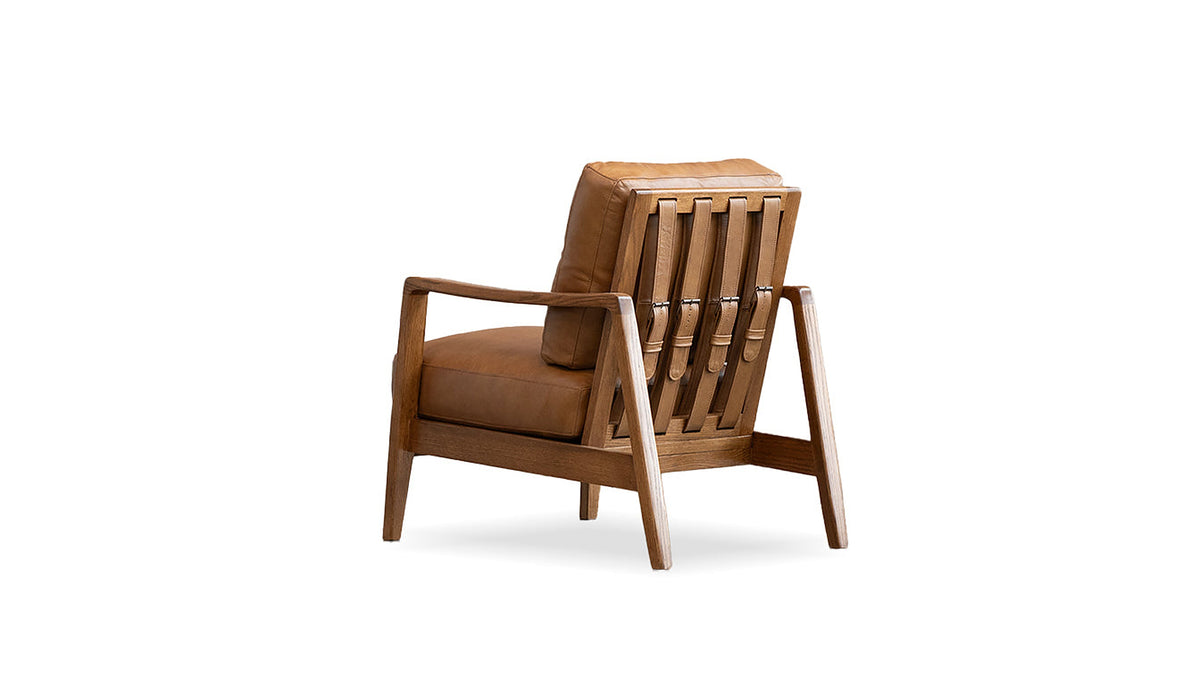 Craftsman Occasional Chair in Butternut Leather and Natural Oak Frame – rear three-quarter view on white background