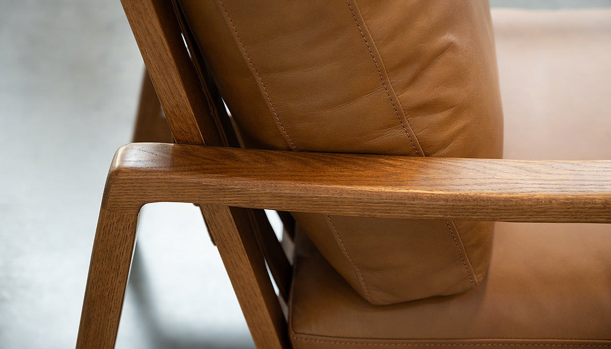 Craftsman Occasional Chair in Butternut Leather and Natural Oak Frame – close-up side and back detail