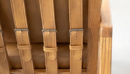 Craftsman Occasional Chair in Butternut Leather and Natural Oak Frame – close-up of leather back straps with buckles