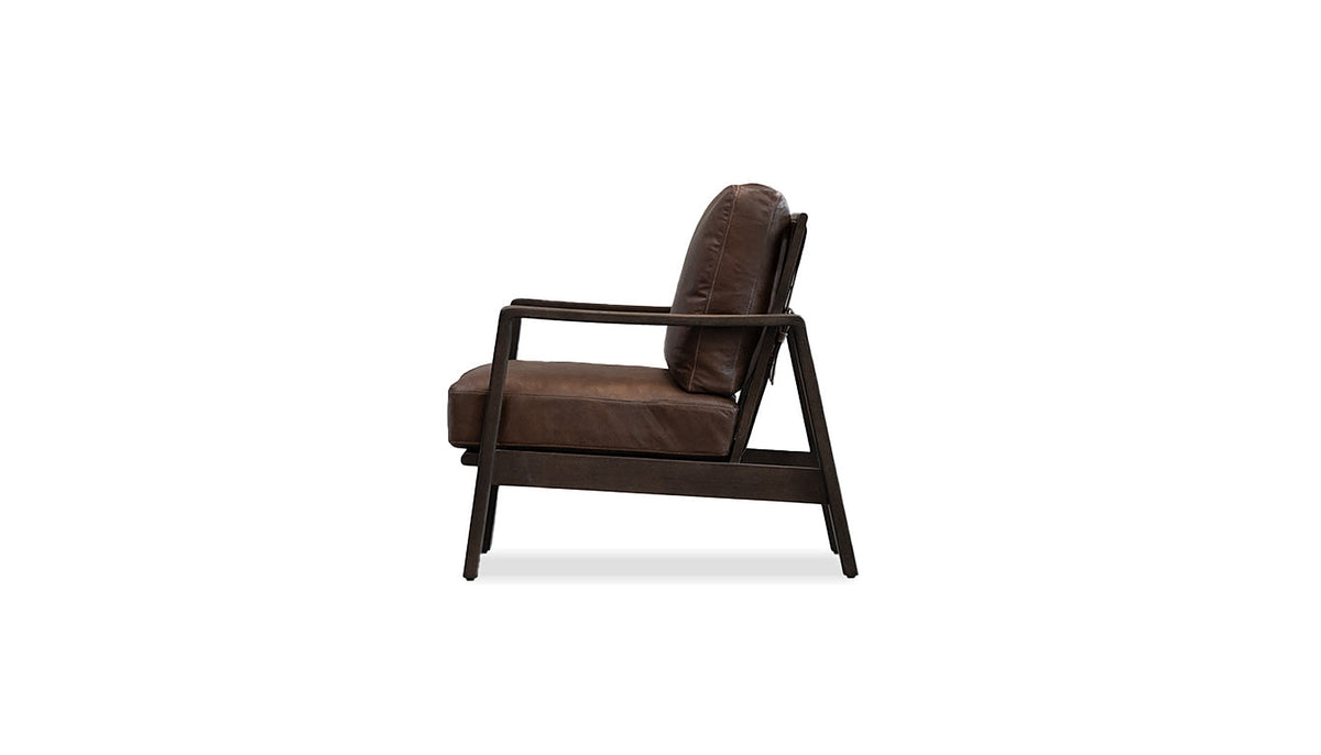 Craftsman Occasional Chair in Chocolate Leather and Chocolate Oak Frame – side profile view on white background