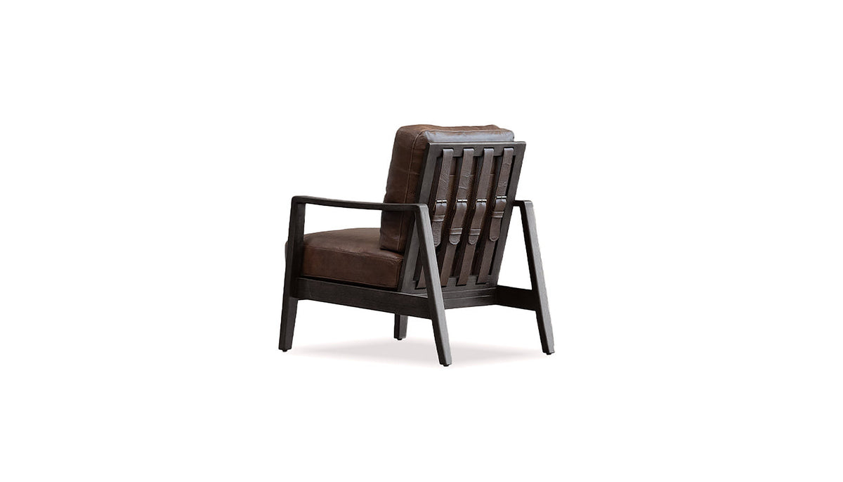 Craftsman Occasional Chair in Chocolate Leather and Chocolate Oak Frame – rear three-quarter view on white background