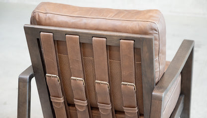 Craftsman Occasional Chair in Chocolate Leather and Chocolate Oak Frame – close-up of leather back straps with buckles