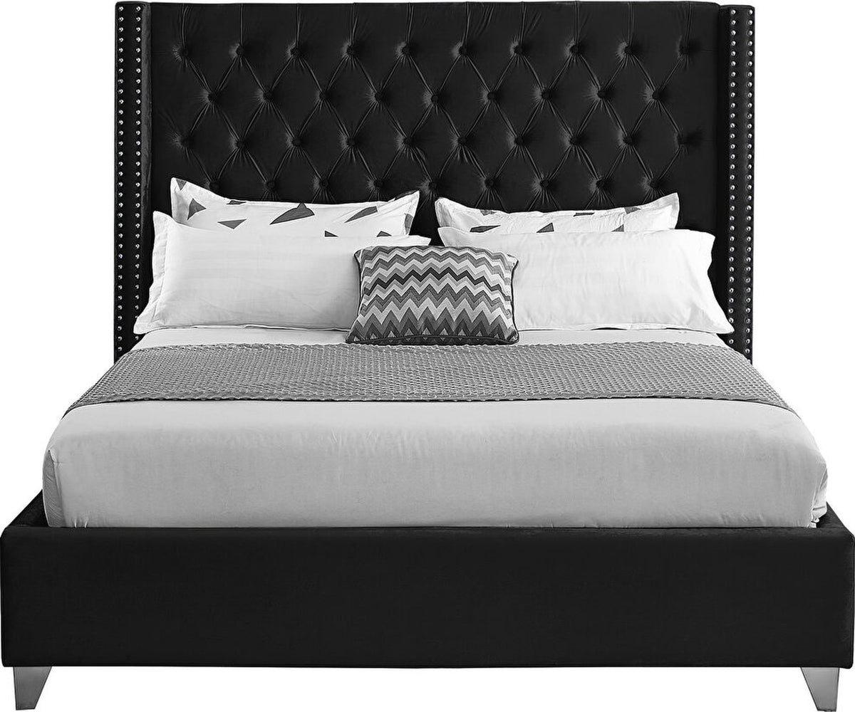 Aiden Black Velvet Upholstered Bed, front view