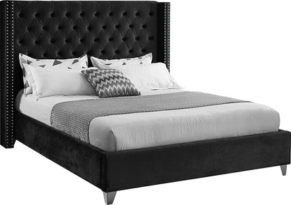 Aiden Black Velvet Upholstered Bed, angled view