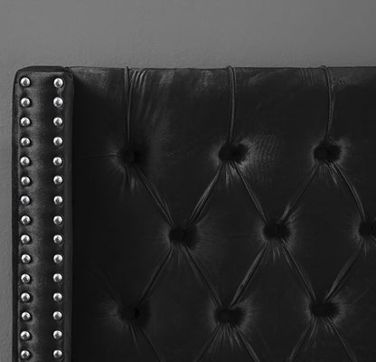 Aiden Black Velvet Upholstered Bed, close-up of diamond tufting and chrome nailheads