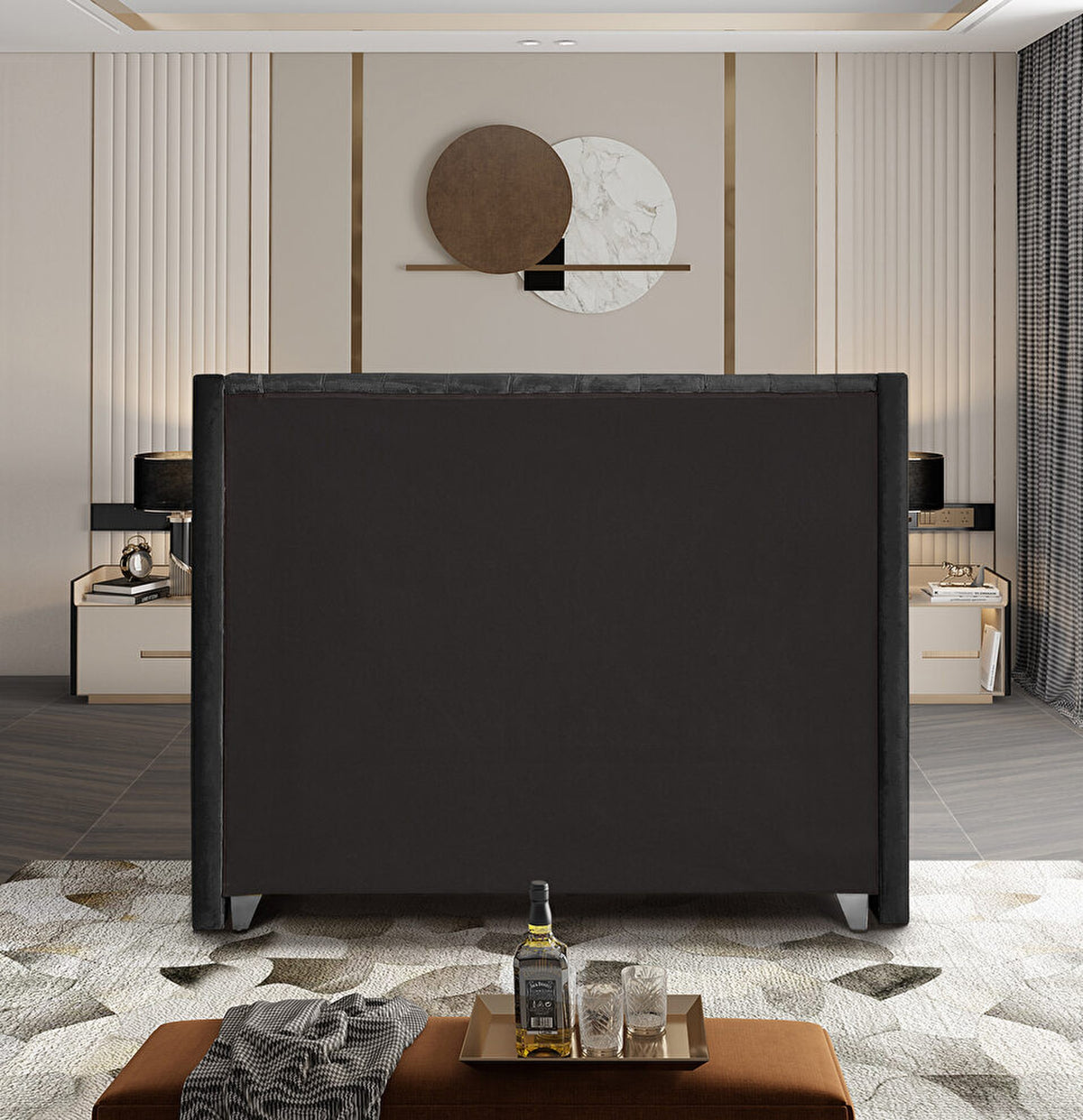 Aiden Black Velvet Upholstered Bed, back of headboard
