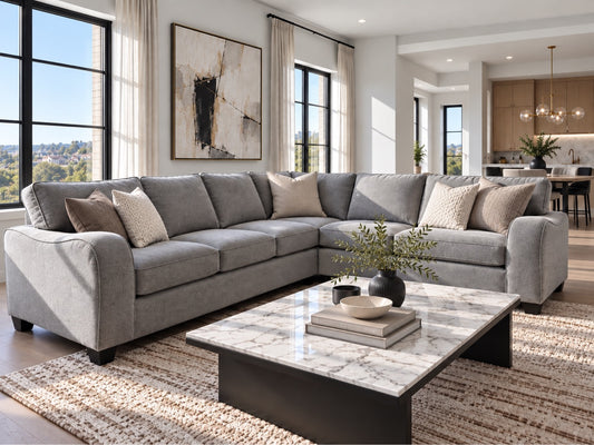 6090 Collection Modani Linen Sectional in grey linen, staged living room
