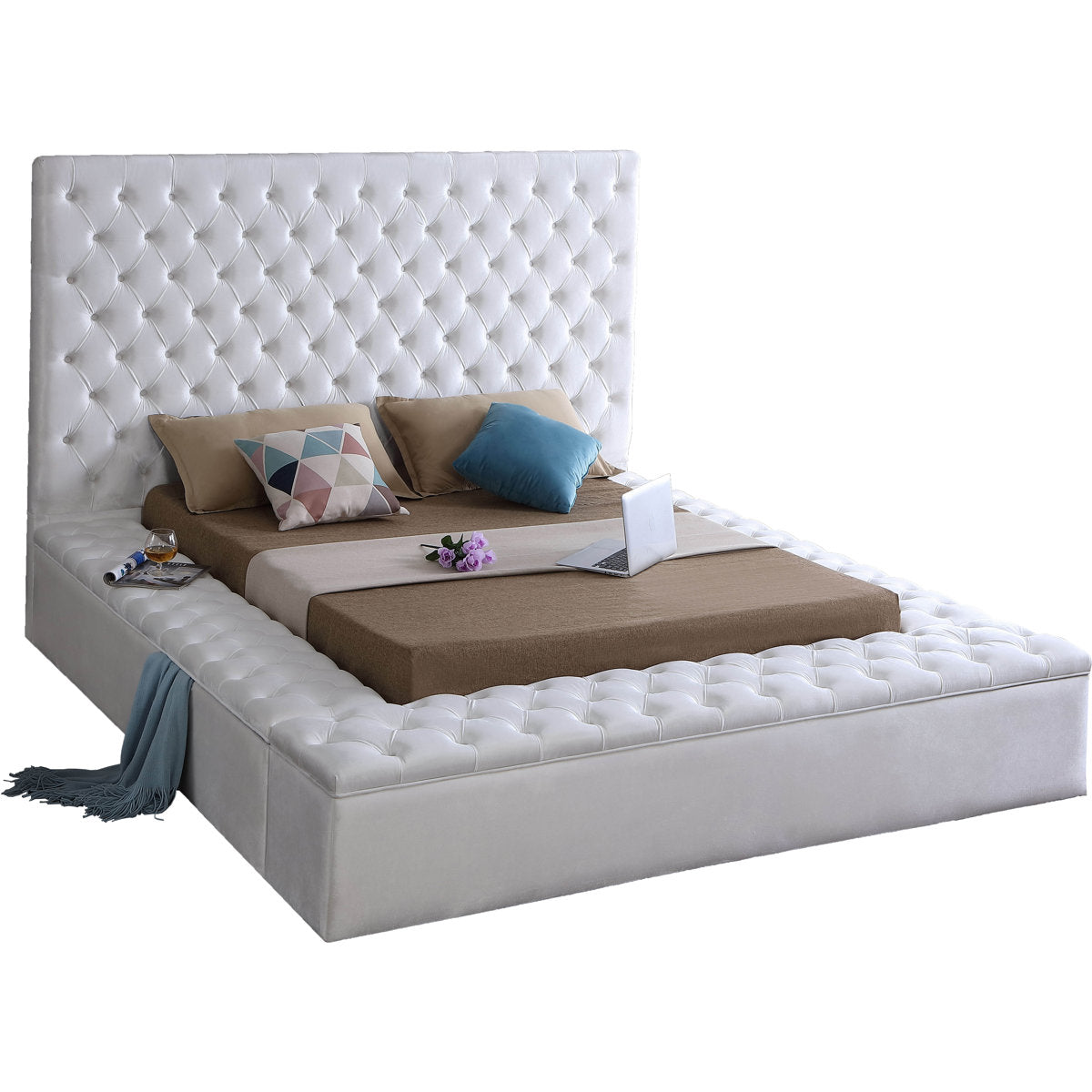 Bliss Ivory Velvet Upholstered Storage Bed, studio angle view