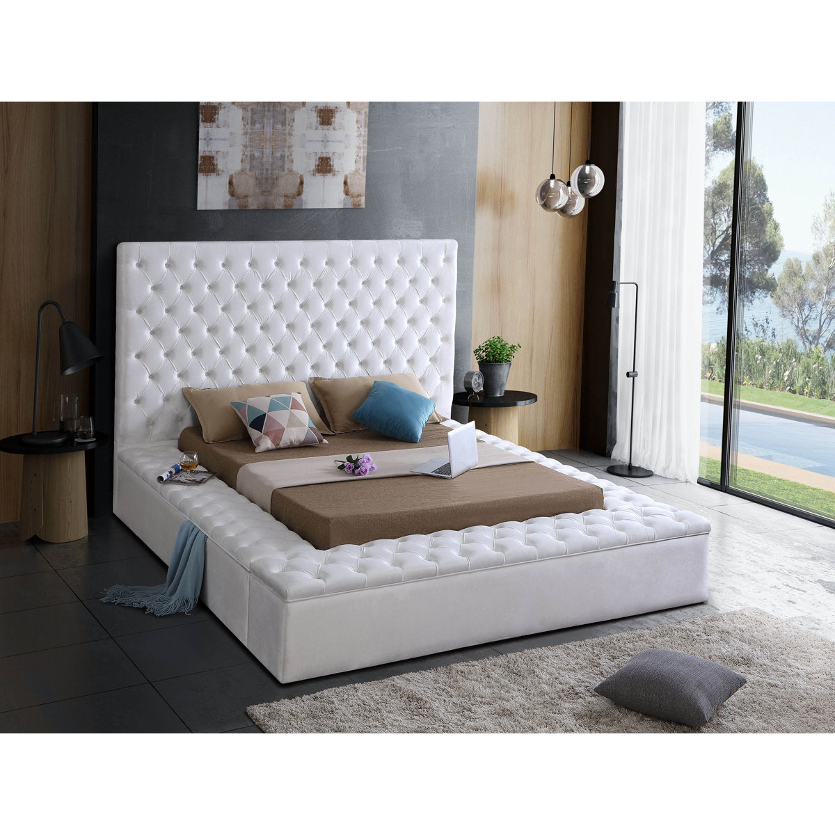 Bliss Ivory Velvet Upholstered Storage Bed in a bedroom
