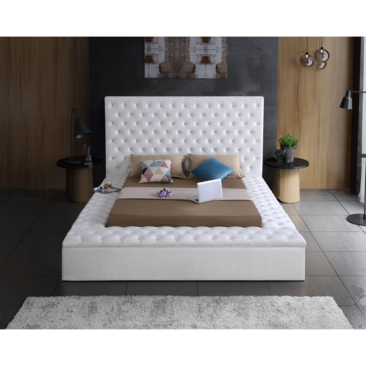Bliss Ivory Velvet Upholstered Storage Bed, bedroom front view