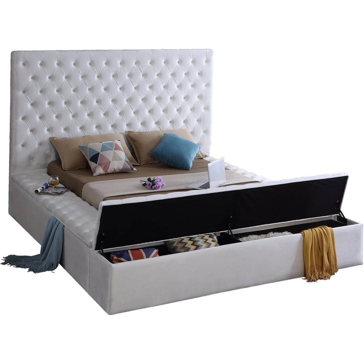 Bliss Ivory Velvet Upholstered Storage Bed, studio view with footboard storage open