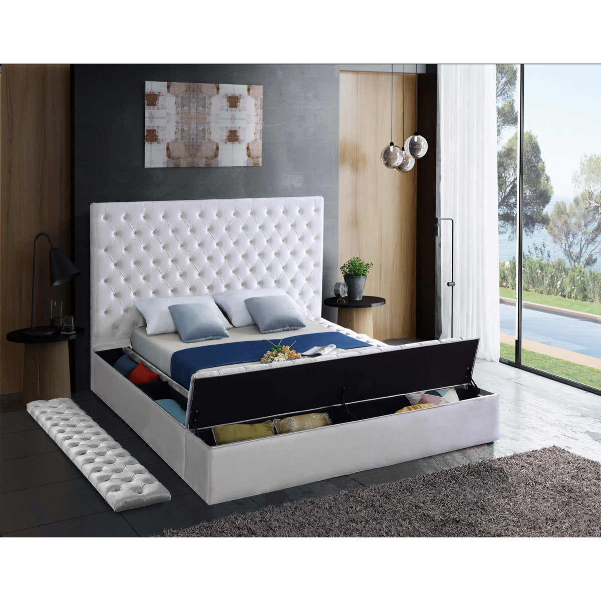 Bliss Ivory Velvet Upholstered Storage Bed with footboard and side storage open
