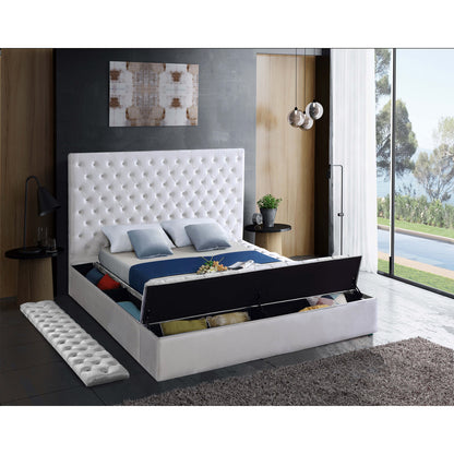 Bliss Ivory Velvet Upholstered Storage Bed with footboard and side storage open
