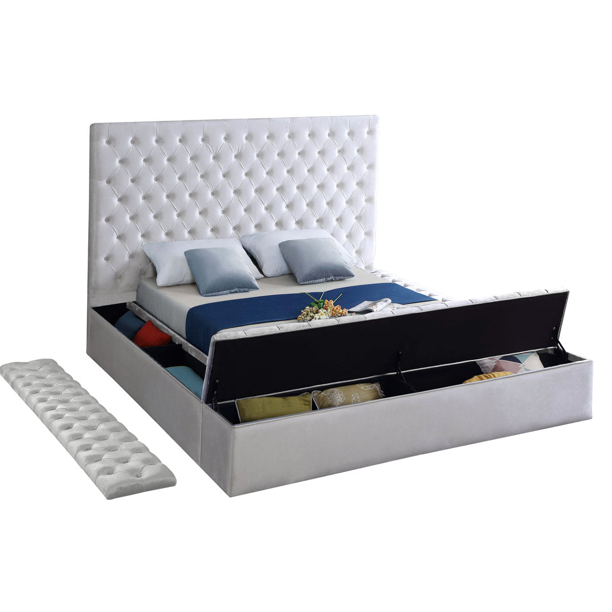 Bliss Ivory Velvet Upholstered Storage Bed, studio view with footboard and side storage open