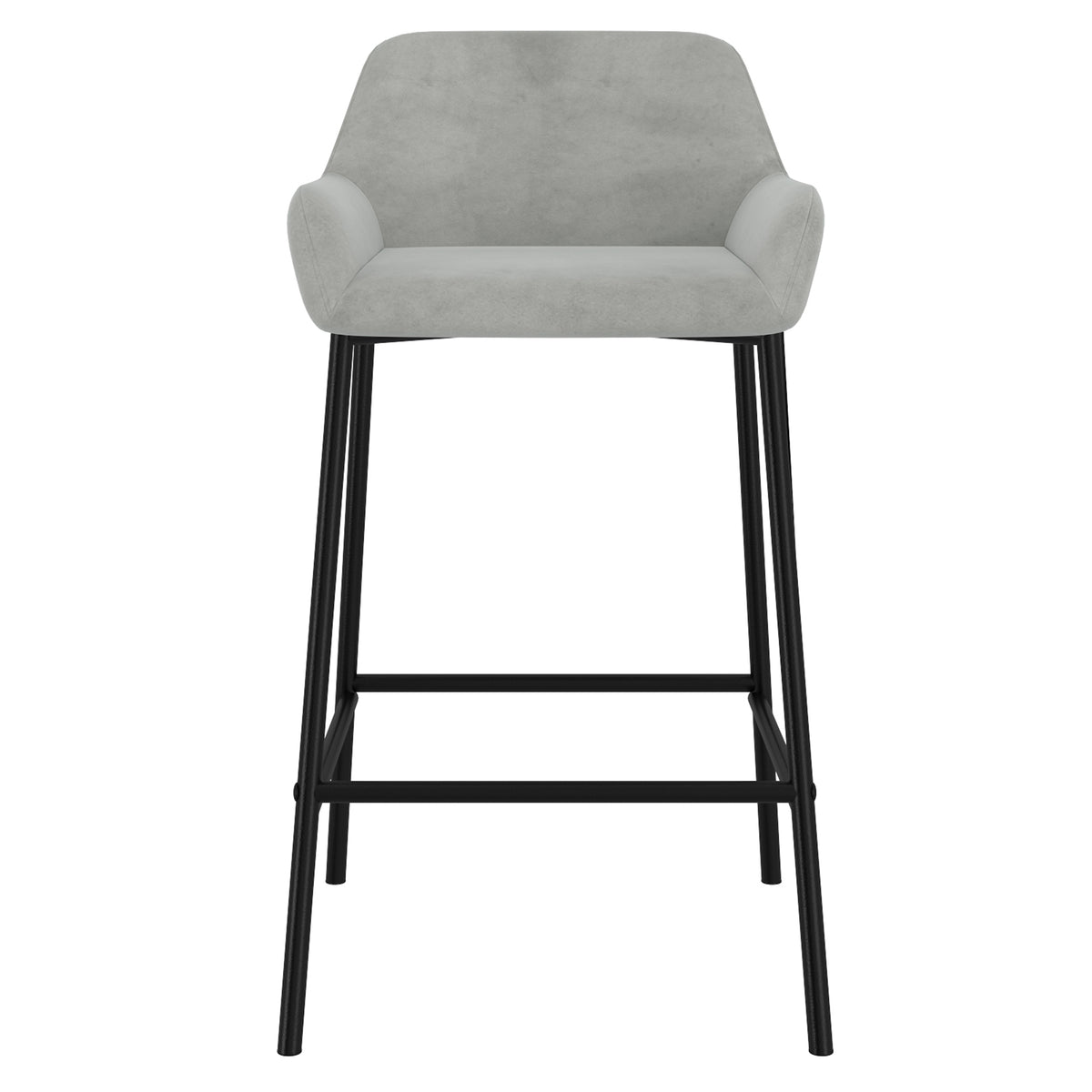 Baily 26 inch counter stool in grey velvet with low arms and black metal legs, straight front vie