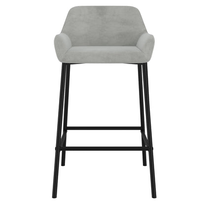 Baily 26 inch counter stool in grey velvet with low arms and black metal legs, straight front vie