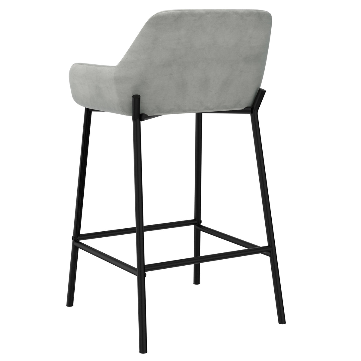 Baily 26 inch counter stool in grey velvet, rear three-quarter view showing curved back and black metal frame