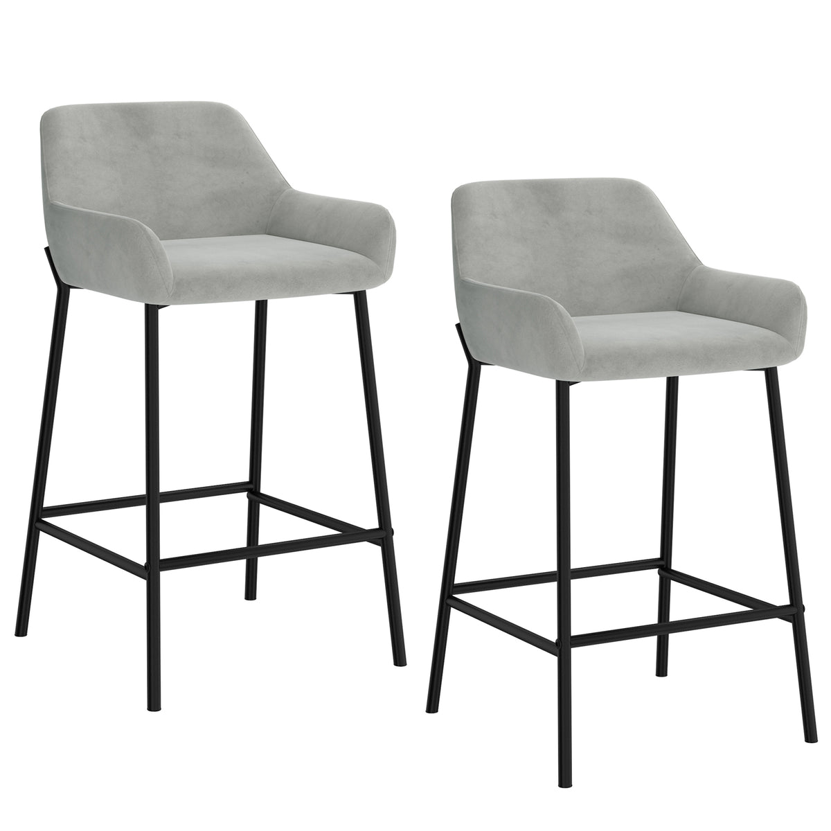 Pair of Baily 26 inch counter stools in grey velvet with black metal legs, front view on white background